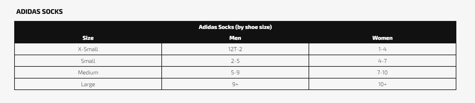size chart for adidas socks